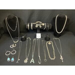 Vintage To Now Estate Lot Silver tone Jewelry Necklace Bracelet Earrings Ring